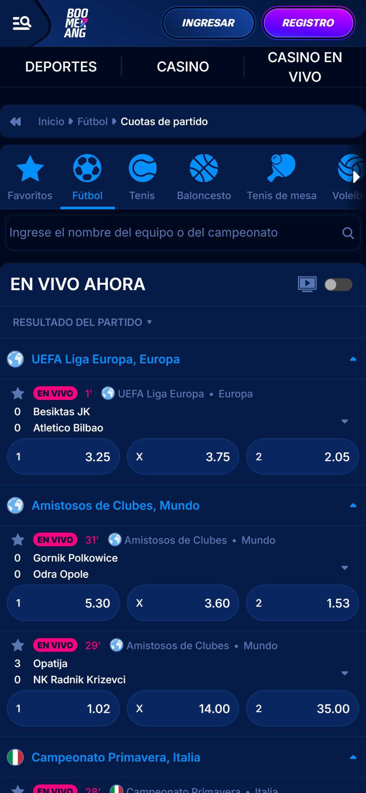 Boomerang-bet Bookmaker Live Betting Spain (mobile), apuestaes.tv