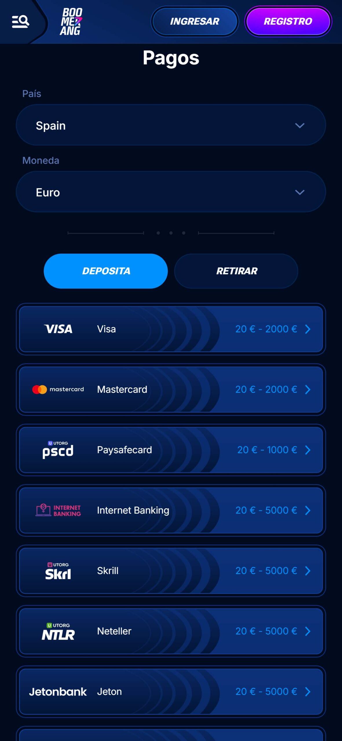 Boomerang-bet Bookmaker Payments Spain (mobile), apuestaes.tv