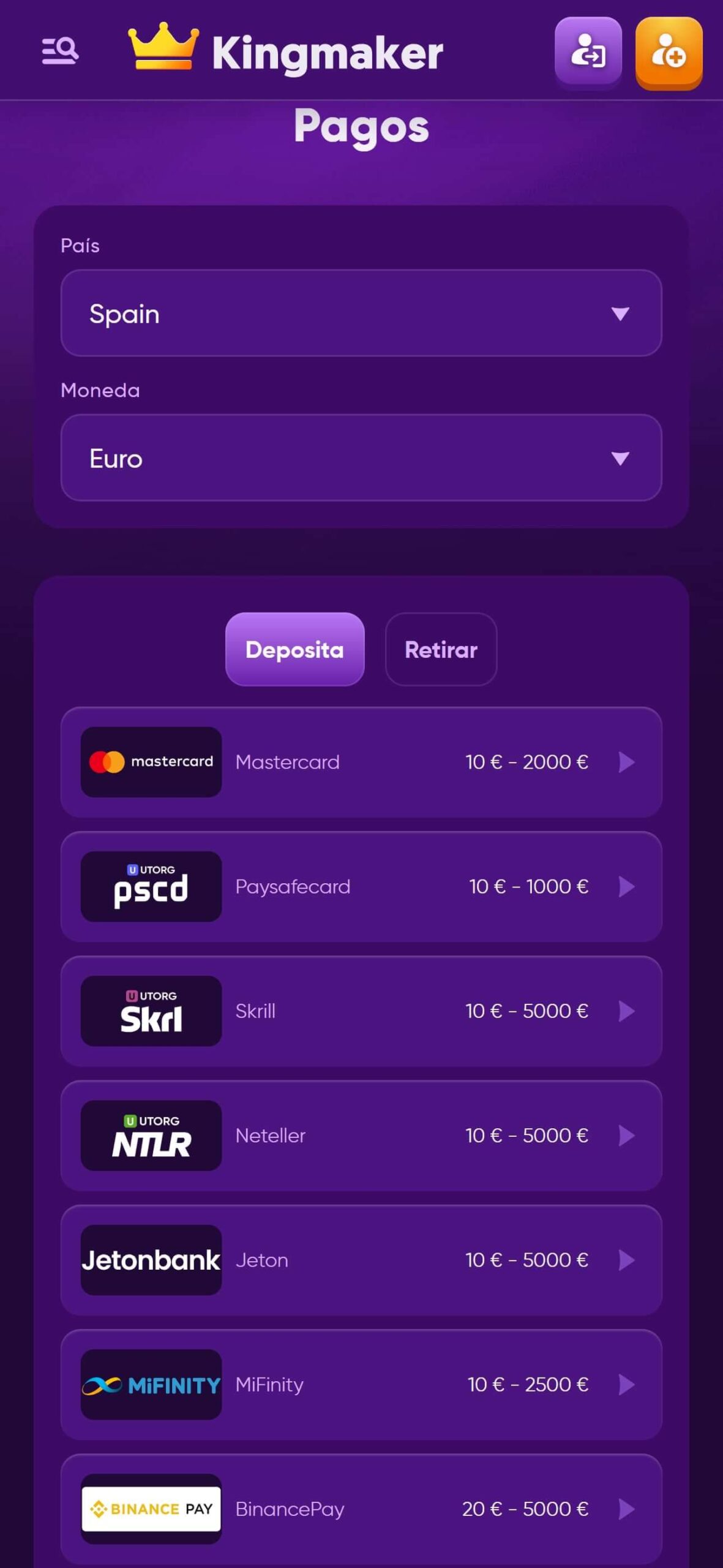 Kingmaker Payments Spain(mobile), apuestaes.tv